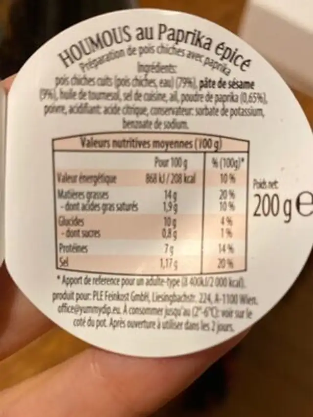 Hummus paprika pikant nutrition facts table