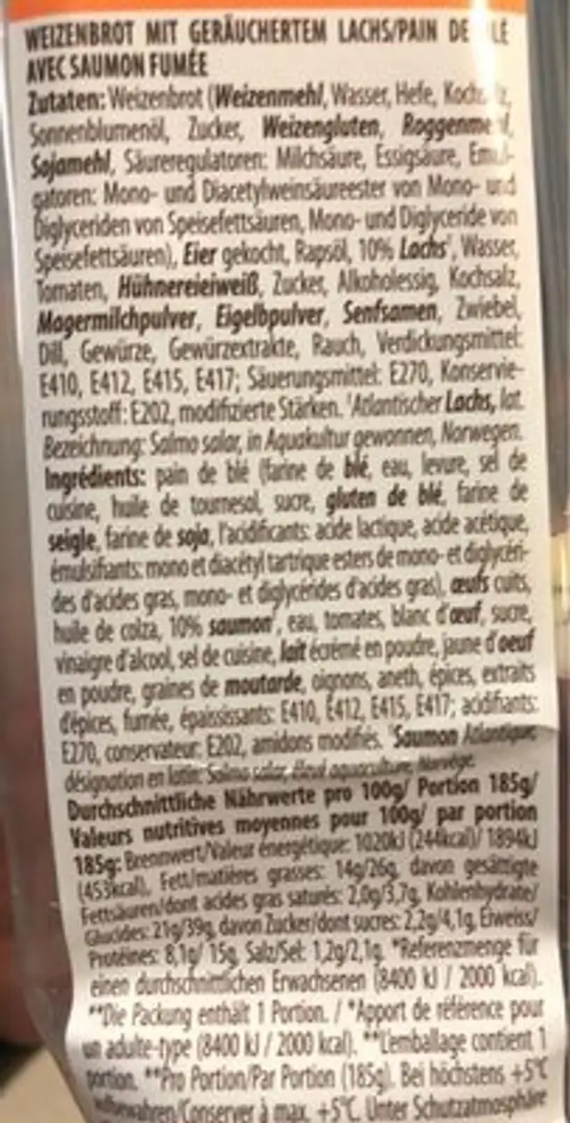 Lachs Sandwich Saumon ingredients label