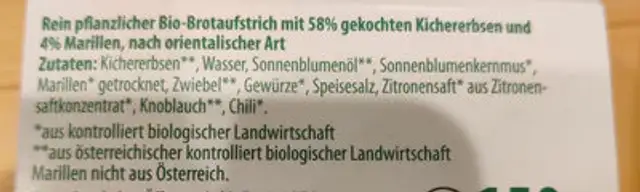 Hummus ingredients label