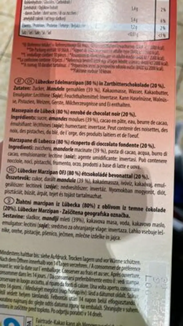 Massepain de Lübeck ingredients label