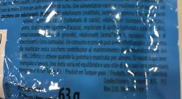 Pepper Mint Chewing gum ingredients label