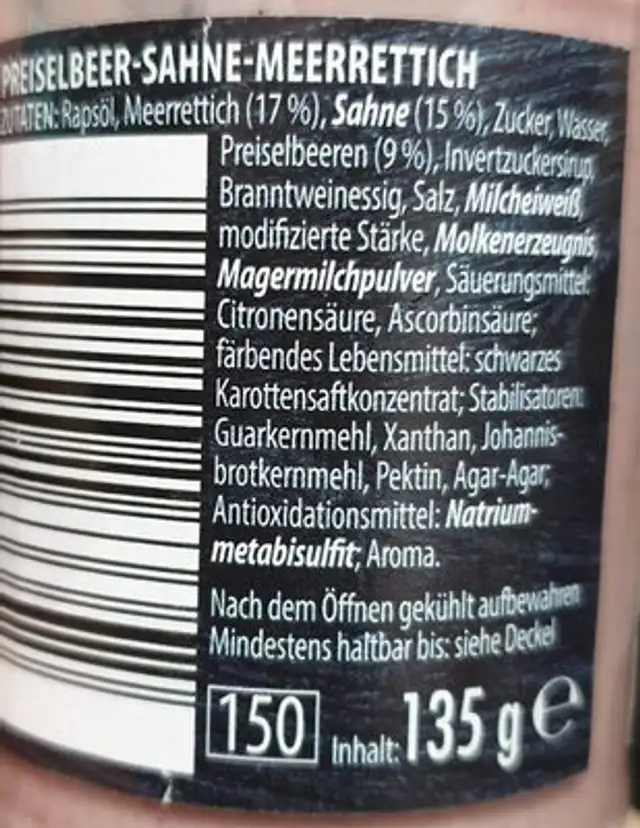 Preiselbeer-Sahne-Meerrettich ingredients label