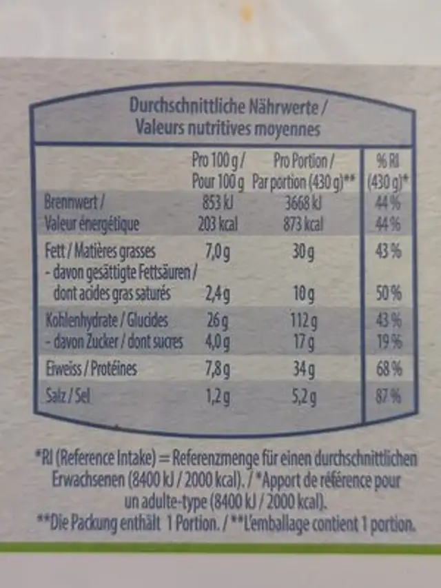 STEINOFFENPIZZA nutrition facts table