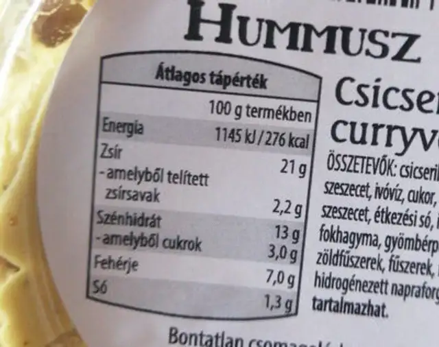 Hummus curry ingredients label