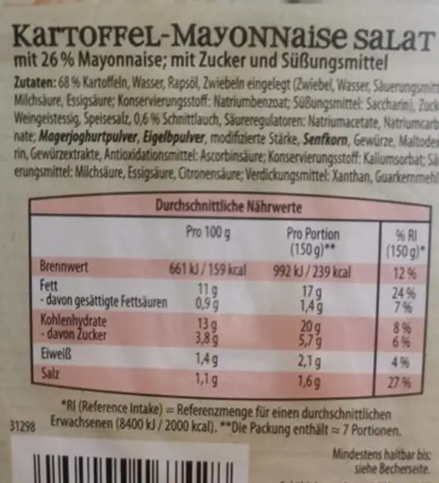 Kartoffel-mayonnaise salat nutrition facts table