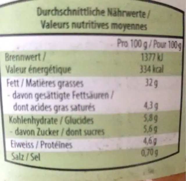 Pâte à tartiner veggie bio nutrition facts table