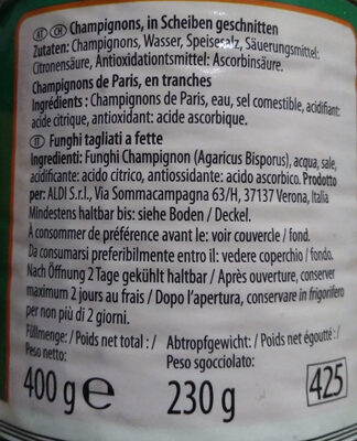 Champignons ingredients label