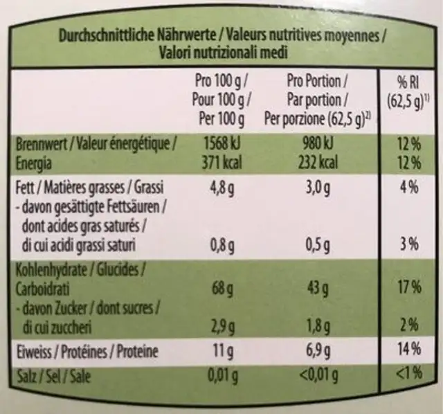 Mélange de quinoa bio nutrition facts table