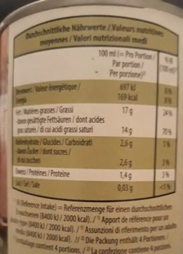 Lait de noix de coco bio nutrition facts table