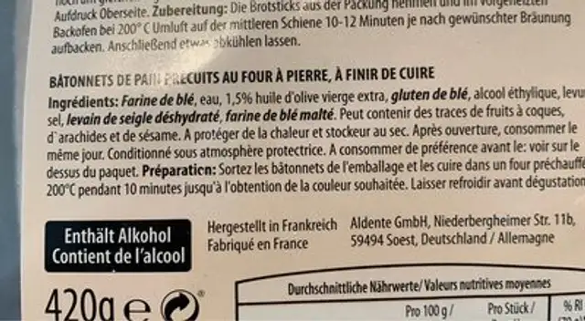 Bâtonnets de pain ingredients label