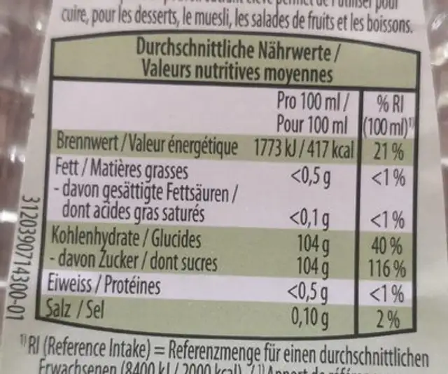Sirop d'agave bio nutrition facts table