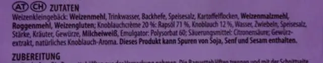 Knoblauchbrot ingredients label