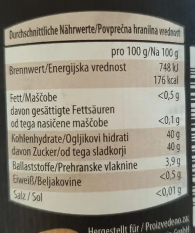 Hofer Gourmet Heidelbeere 75% nutrition facts table