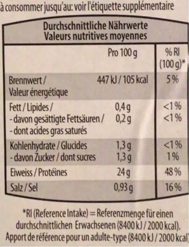 Steak de thon nutrition facts table