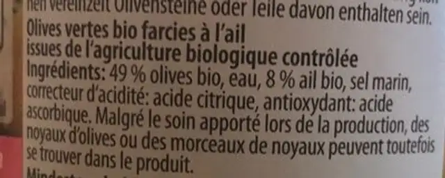 Olives vertes bio farcies à l'ail ingredients label