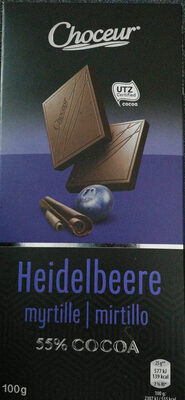 Chocolat noir avec myttilles et amandes front packaging