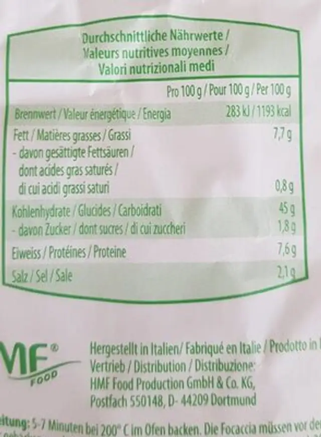 Focaccia sale marino e rosmarino nutrition facts table