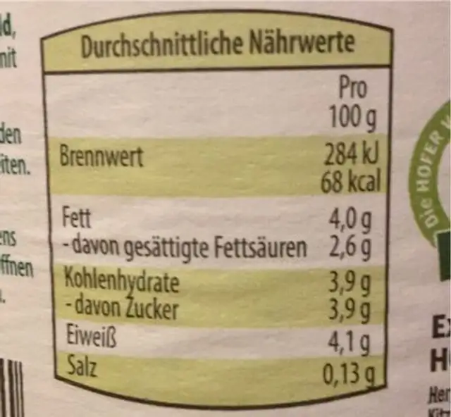 Beegbauern nutrition facts table