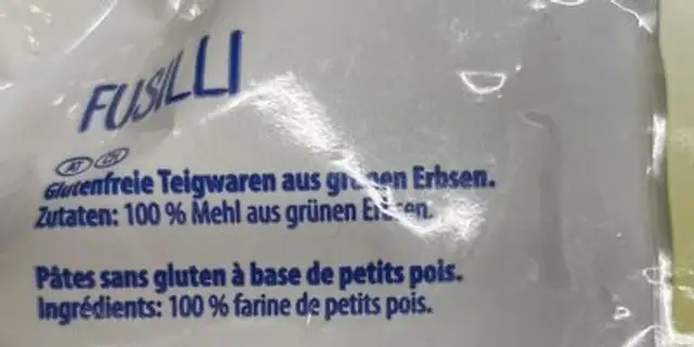 Fusilli aus grünen Erbsen (di Piselli) ingredients label