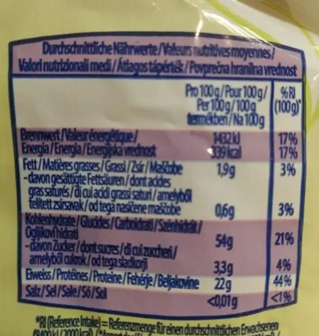 Fusilli aus grünen Erbsen (di Piselli) nutrition facts table