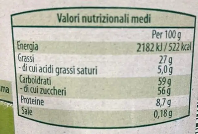 Bio crema alle nocciole nutrition facts table