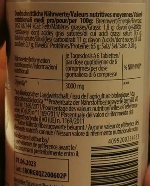 Bio Chlorella - Tabletten nutrition facts table