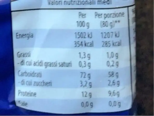 Mezze maniche nutrition facts table