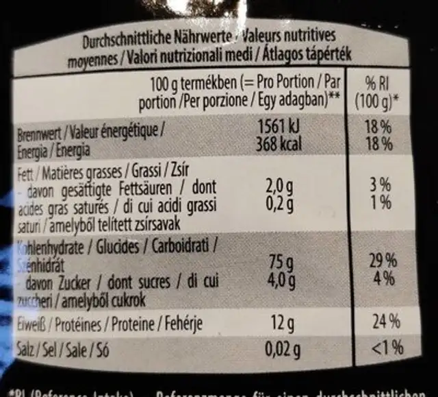 Pâtes de semoule de blé aux épinards nutrition facts table