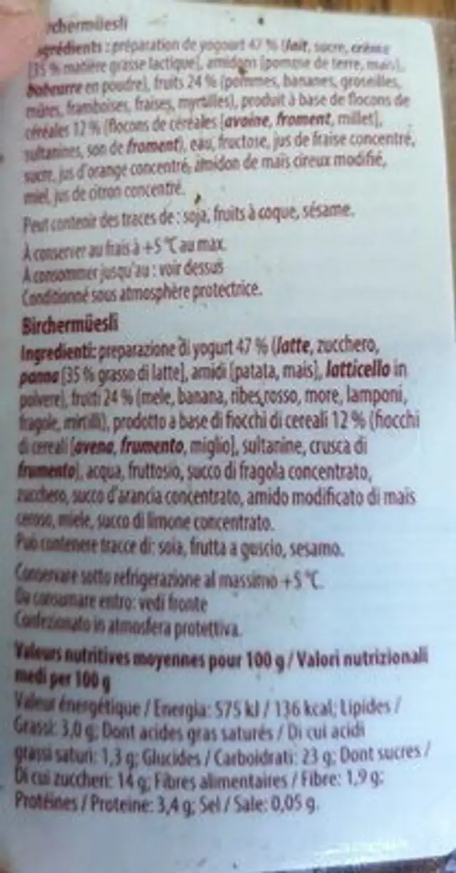 Bircher-Müesli nutrition facts table