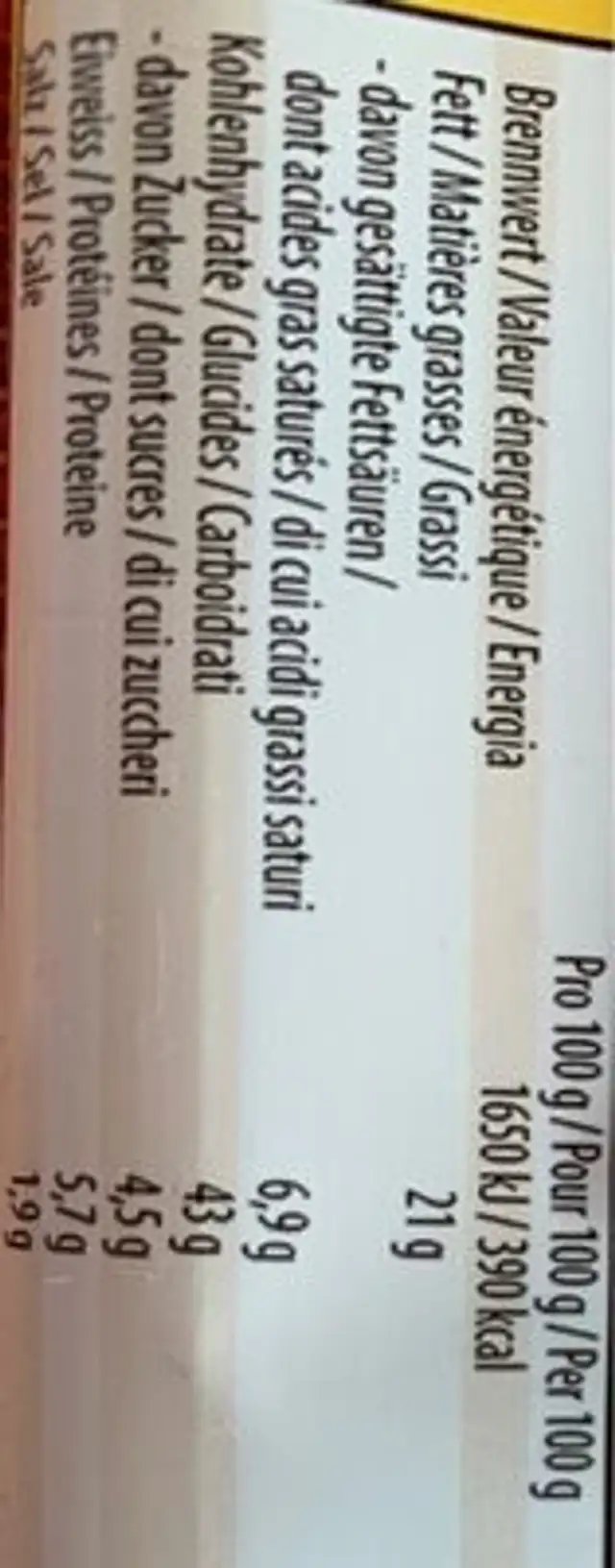 Kuchenteig nutrition facts table