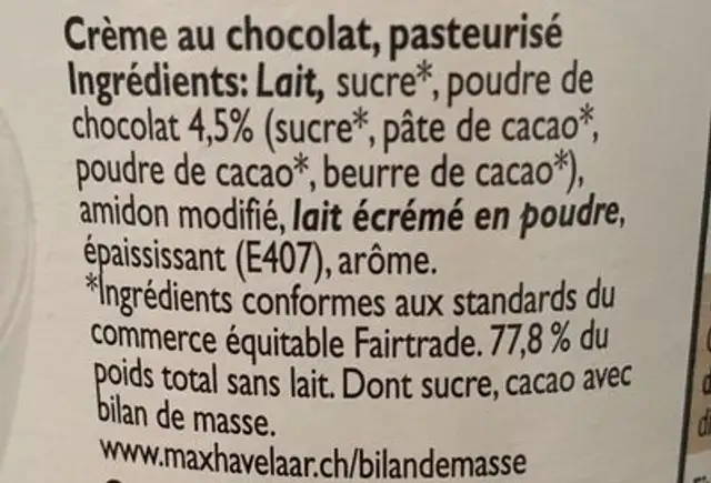 Crème dessert suisse chocolat ingredients label