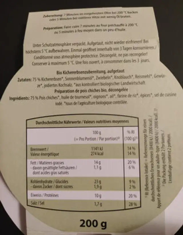 Bio burger, falafel style ingredients label