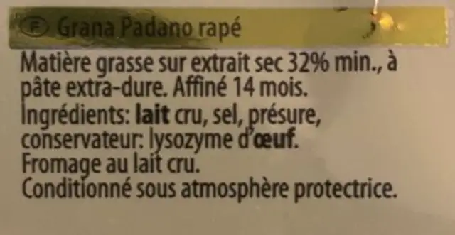 Grana Padano ingredients label