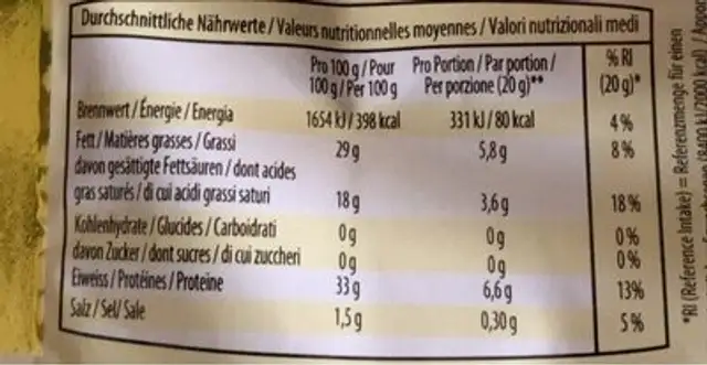 Grana Padano nutrition facts table