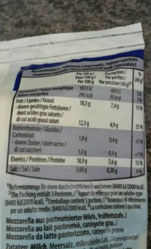 Mozzarella nutrition facts table