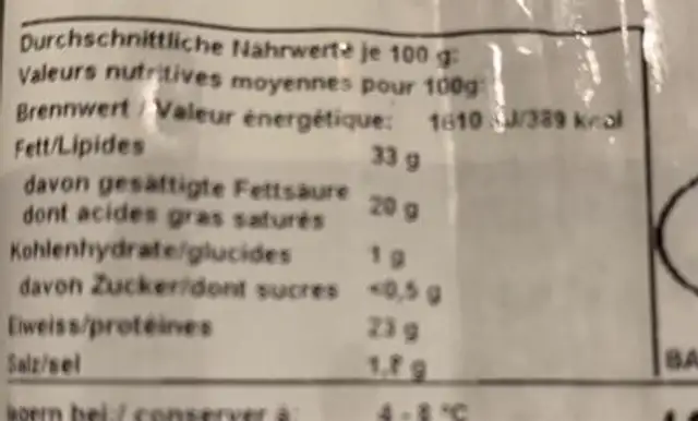 Raclette du Valais nutrition facts table