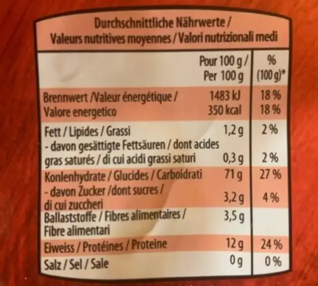 Hörnli nutrition facts table