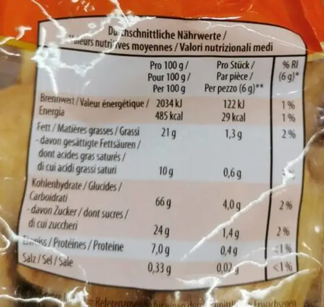 Biscuits milanais nutrition facts table