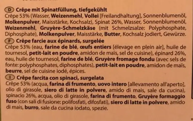 Plätzli aux épinards suisses nutrition facts table
