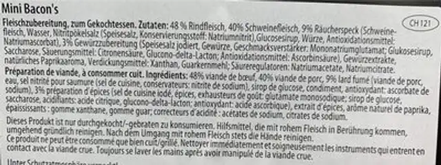 Mini bacon's ingredients label