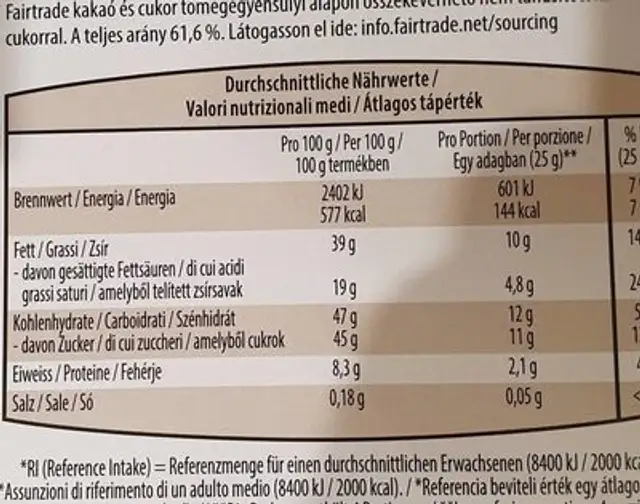 Lait extra noisettes nutrition facts table