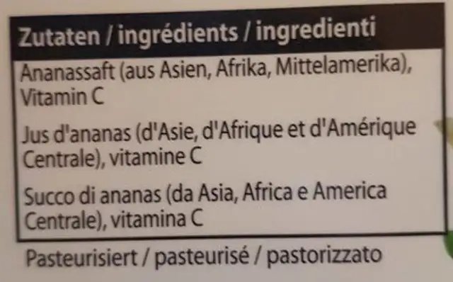 Jus d'ananas ingredients label