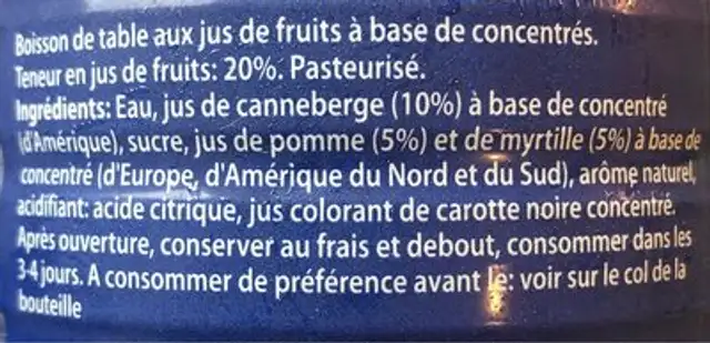 Canneberge-Myrtille ingredients label