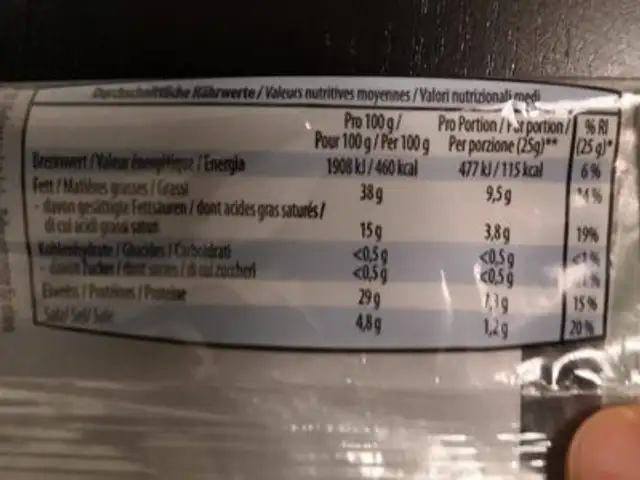 Bergluft Stangen nutrition facts table