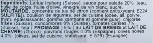 Salade Grecque ingredients label