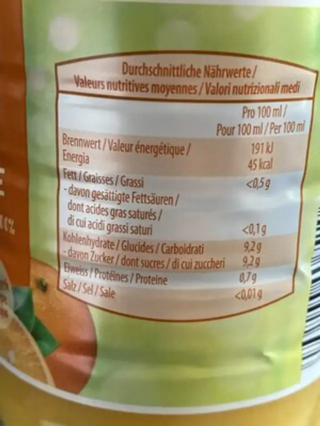 Orange speciale ingredients label
