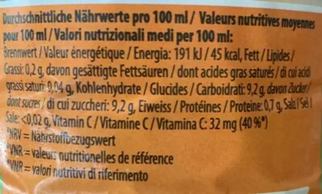 Orange speciale nutrition facts table