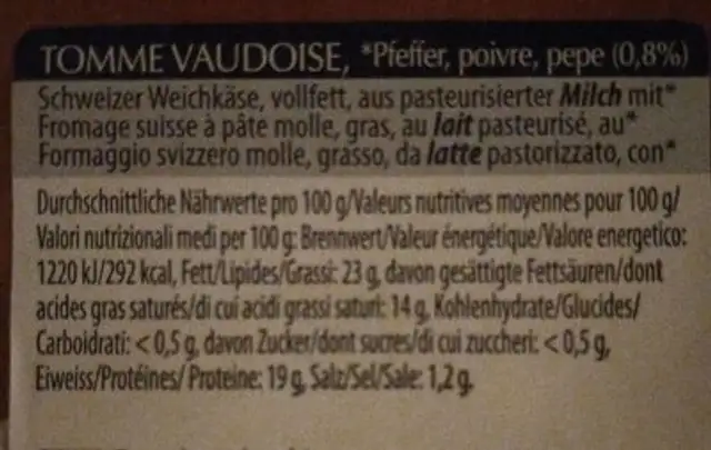 Tomme vaudoise arrisanale nutrition facts table