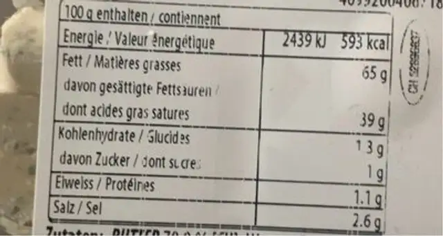Grillbutter nutrition facts table