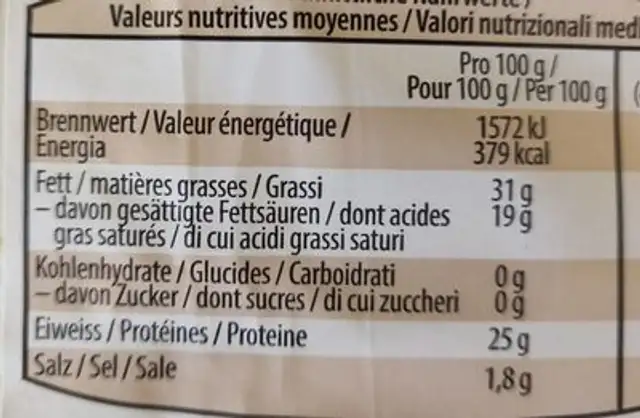 St. Galler nusskäse nutrition facts table